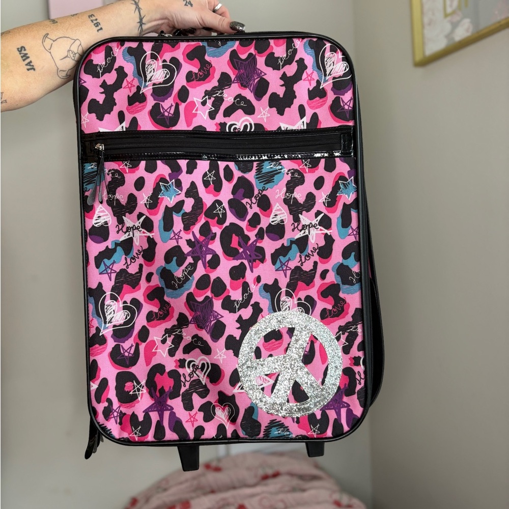 y2k vintage justice Pink and Black Patterned Suitcase with Peace Sign